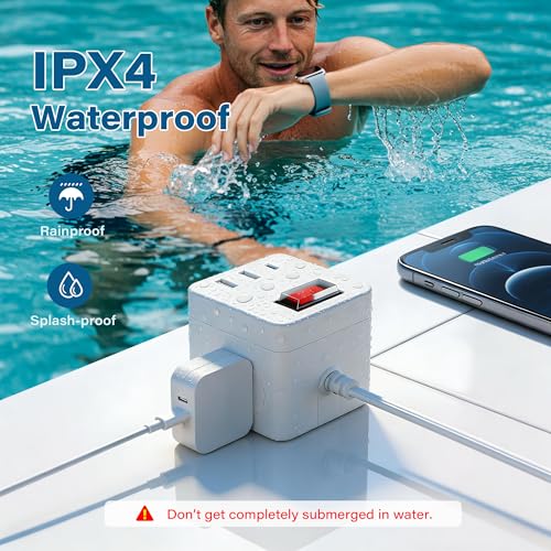 Outdoor Power Strip Cube 6 Ft, IPX4 Waterproof 3 AC Outlet Widely Spaced with 2 USB-A & 1 USB-C PD 20W Charging Station, Low Profile 45 Degree Flat Plug Extension Cord Wall Mountable, ETL-White - size: 6FT
