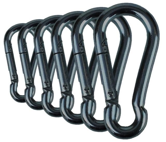 Black & Silver Zinc-Galvanized Heavy Duty Bushcraft Carabiner Spring Snap Clip Link Hooks 200-500lb Load 2, 6 & 12 Packs - color: 7cm (2.8in) Black 6 Pack