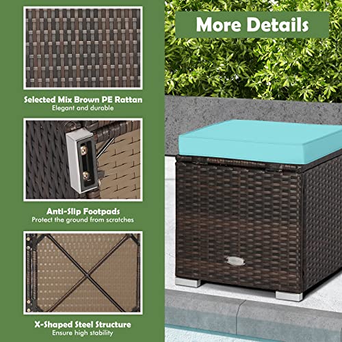 HAPPYGRILL 2PCS Patio Ottoman Set Outdoor Wicker Stool with Storage, Rattan Footrest Ottoman with Solid Metal Frame and Cushion for Backyard Poolside Garden Balcony - color: Turquoise