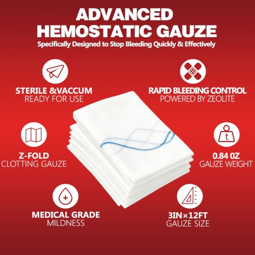 Kaolin Hemostatic Gauze for Emergency First Aid, 2 Pack | Gauze for Rapid Bleeding Control, Skin-Friendly, Portable, Suitable for Hospitals, Outdoor, and Home First Aid Kits. - size: 3 Inch *12ft-2 pack