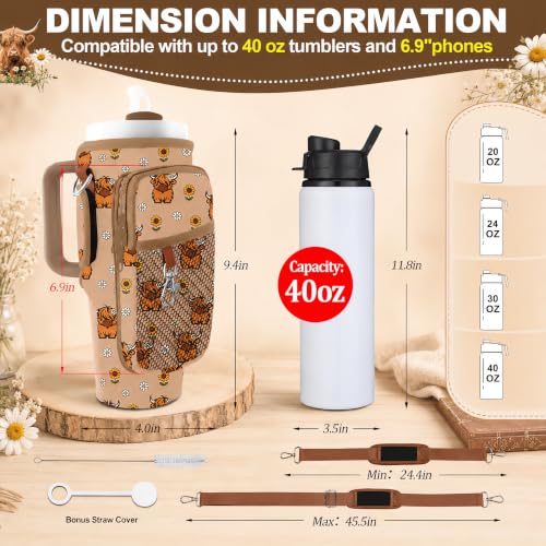 Stanley Water Bottle Bag with Adsjust Strap for 30/40 Oz Tumbler, Water Bottle Carrier with 3 Pockets, Cleaning Brush & Straw Cover, Stanley Cup Carrier Bag for Walking, Gym,Travel, Yoga - color: Daisy Highland Cow