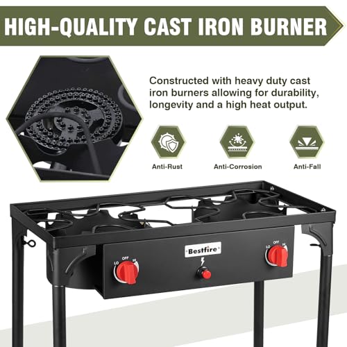 BESTFIRE 2 Burner Camping Stove,150,000 BTU High Pressure Outdoor Propane,4ft 20 PSI Adjustable Regulator Hose With Removable Legs for Backyard Cooking Camping Home - style: 2 burner Basic