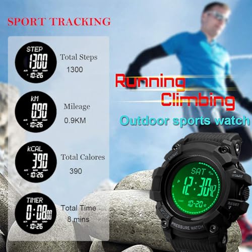 Watch Compass, Altimeter Barometer Thermometer Temperature, Pedometer, Military Army Waterproof Outdoors Sport Digital Watch for Men - color: Black-A