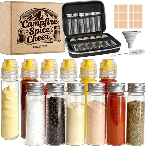 Portable Travel Camping Spice Kit, 12 Jars with EVA Bag, Funnel & Brush