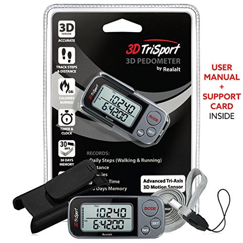 3DTriSport 3D Walking Pedometer with Clip & Strap, Accurate Step Counter with 30-Day Memory, Distance in Miles/KM Large Display Perfect for Seniors & Beginners eBook Included