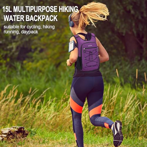 BOVIP Lightweight Hydration Back,15L Multipurpose Hiking Backpack with 1.5L Water Bladder ,Hydro Water Daypack for Cycling Hiking Rave for Men Women - size: Purple
