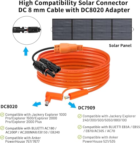Solar Connector to DC 8mm Adapter Cable 10FT, 12AWG + 14AWG Tinned Copper Wire with DC7909 to DC8020 Adapter, Heavy Duty Charging Cable for Portable Power Station, RV, Outdoor Camping - size: 10FT