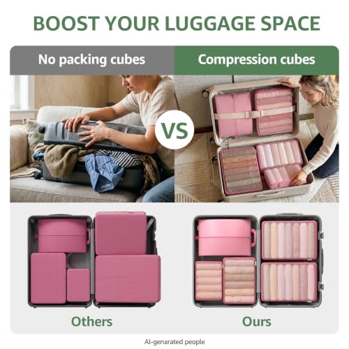 7 Set Compression Packing Cubes for Travel Essentials Suitcase, Collapsible Mesh Packing Cubes for 20-22 inch Carry On Luggage, Expandable Travel Packing Organizers with Laundry Shoe Bag(Pink) - color: 1-Pink, size: 7 Set (For Carry-On/Medium)