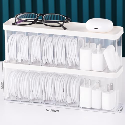 Charger Cable Cord Storage Organizer Box - Easy Storage Without Cable Ties | Stackable,with Lid,Dust-Proof,Space Saving,6 Standard Space and 1 Larger Space,for Home Office Desk Accessories Supplies