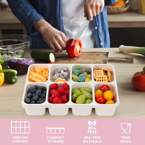 MaMix Snackle Box Container,Leak-Proof Snack Box 8 Compartment Divided Serving Tray with Lid, Dishwasher Safe Food Containers for Fruit Candy Snack Nuts Veggie Party (2 PACK) - color: BEIGE+PINK