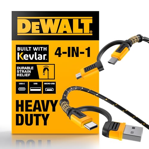 DEWALT Heavy Duty 4-in-1 Cable, Type C/MicroUSB/USB, (6ft, Black) | Cables for iPhone 17/16/15 iPad, USBC All in One Charging Cable, HTC, LG, Samsung Galaxy, Android, iPad Pro, Micro-to-C