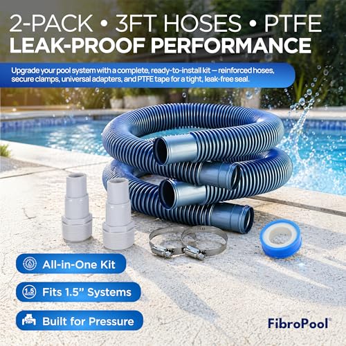 Filter Hose Kit - Clamps & Adapters - 1.5 in x 3 ft 2 Pack - PTFE | Above Ground Pool Systems, Sand And Pump Connections, Thread Seal Tape Included, Flexible Leak Resistant Design - size: 1.5" - 3 Feet (2 Pack)