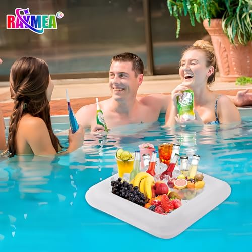 RAYMEA Inflatable Ice Serving Bar 2 PCS, Portable Salad Ice Tray Food Drink Pool Containers Inflatable Cooler for Summer Parties, BBQ, Graduation, Camping or Picnic (24 Inch White)