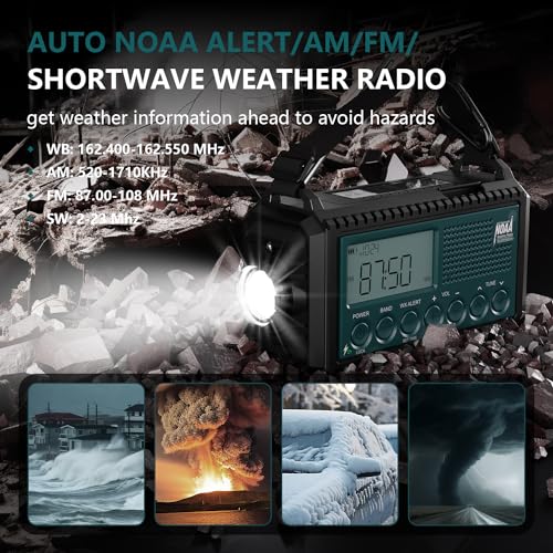 Emergency Crank Weather Radio with NOAA Auto Alerts and Shortwave, 5000mAh | Solar Charging, AM/FM/SW, Flashlight, Reading Lamp, SOS Alarm, Phone Charger, Time Clock and Large LCD Display - color: Blue