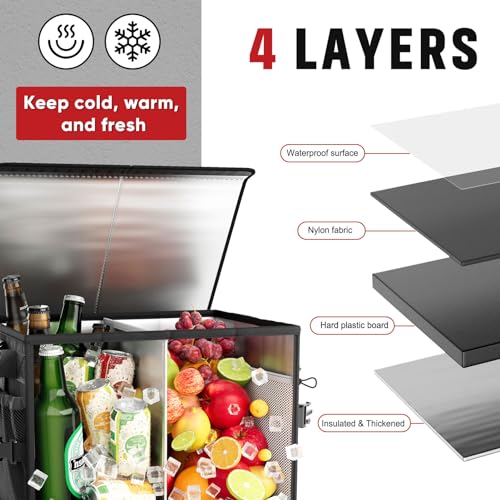 FANGSUN Grill Caddy with Lid, Foldable BBQ Caddy with Paper Towel Holder | 11 Compartments, Easy-Clean Aluminum Interior, 1680D Oxford Fabric, Water-Resistant, Shoulder Strap Included, Tailgating - style: Black-with lid