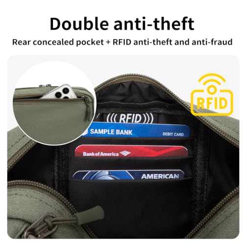 Mini Hiking Waist Bag, 3-Pocket 1.7L RFID Blocking Fanny Pack for Men Women - color: Army Green