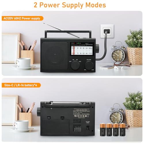 Portable AM/FM Radio with Bass Control, Equipped with a Built-in high-Power Speaker, Headphone Jack, and AUX Audio Input, Supports Battery or AC Power Operation (Black) - color: Black