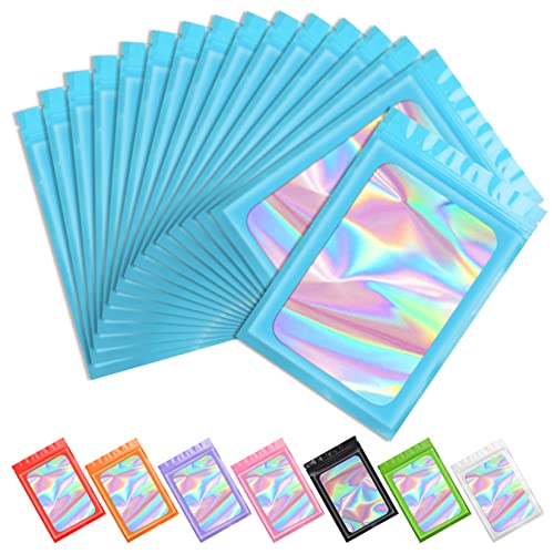 Funfery 100pcs Mylar Holographic Bags-Resealable Zipper&Clear Window (Blue, 3 x 4.7 Inch) - color: Blue, size: 3 x 4.7 Inch