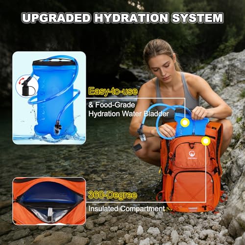 Hydration Backpack 22L, Hiking Backpack with 2L Leakproof Bladder, Sewn-in Rain Cover, Insulated Compartment for Men & Women Running, Cycling, Camping - color: Orange