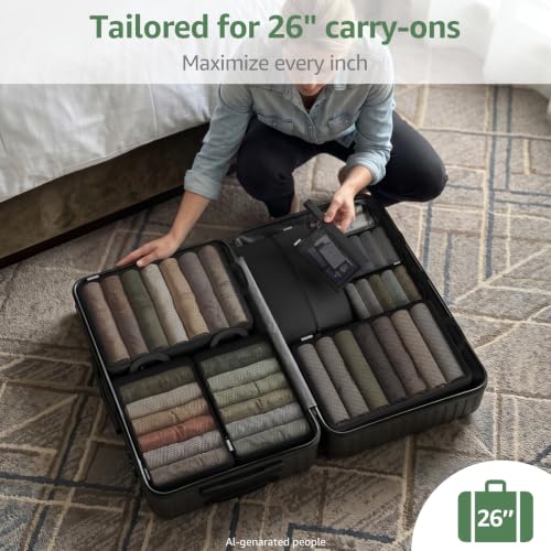 10 Set Compression Packing Cubes for Travel Essentials Luggage, Mesh Collapsible Packing Cubes for 26 Inch Luggage, Expandable Travel Packing Organizers with Shoe Laundry Bag (Black, 26") - color: Black, size: 10 Set (For 26" Luggager/Large)