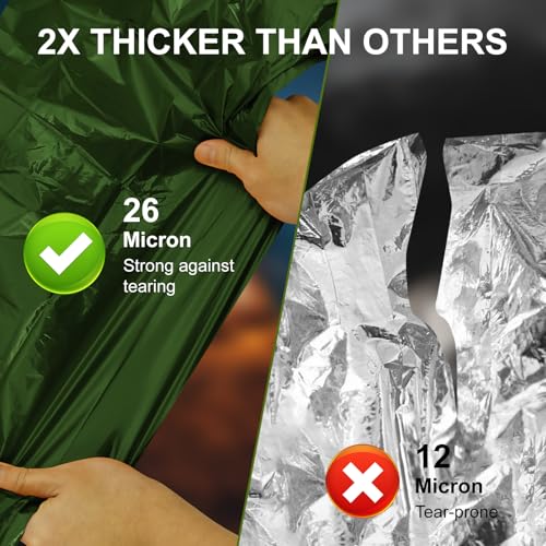 Emergency Survival Bag Waterproof Windproof Thermal Bivy Sack PE Aluminum Lining 90 Percent Body Heat Retention Compact for Camping Hiking Emergency - color: 2pack,army green