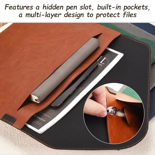PATIKIL 2Pcs Leather Folder, 14x10 Leather Document Holder File Folder PU Pouch Bag Portfolio File Organizer Button Personal Envelope Waterproof for Traveling Office Men Gift, Brown - color: Brown