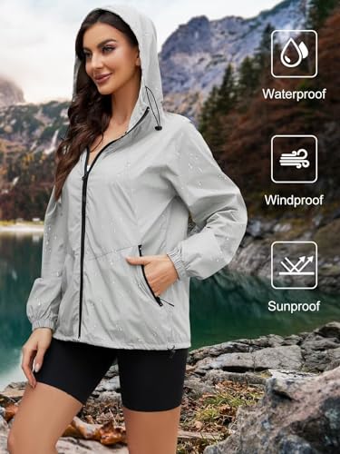 CRIPOM Light Weight Rain Jacket Women Waterproof Windbreaker Travel Rain Coats for Women Packable S-XXL - color: Grey, size: Medium