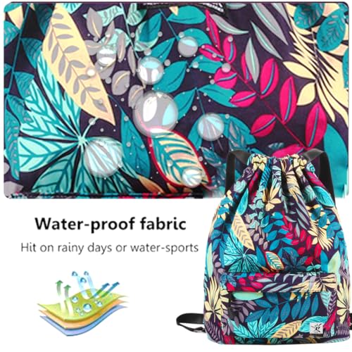 Waterproof Drawstring Bag, Gym Bag Sackpack Sports Beach Backpack for Men Women - color: 02-blue Leaves
