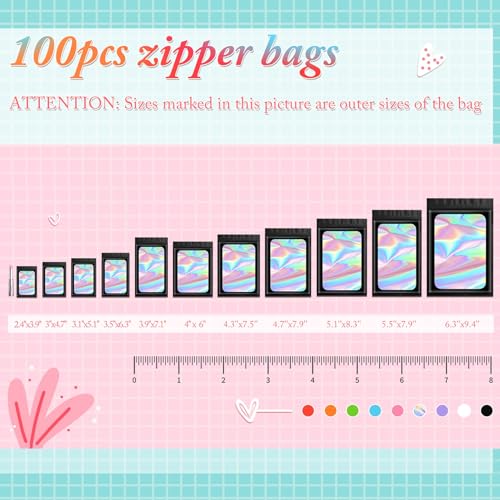 Funfery 100pcs Mylar Holographic Bags-Resealable Zipper&Clear Window (Black, 4 x 6 Inch) - color: Black, size: 4 x 6 Inch
