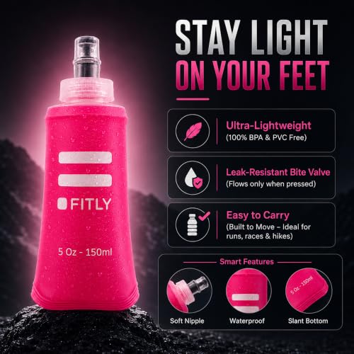 FITLY Soft Flask - Shrink As You Drink Soft Water Bottle for Hydration Pack - Folding Water Bottle Ideal for Running, Hiking, Cycling, Climbing & Rigorous Activity - color: Pink, size: 5 Ounces