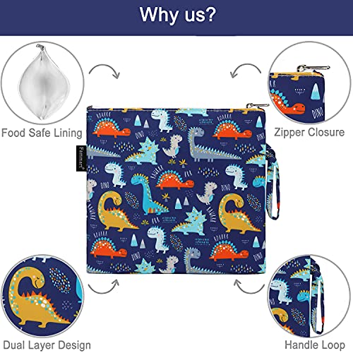 Fammart Reusable Sandwich Bag/Snack Bag for Kids & Adults, Dual Layer Lunch Bag with Handle, Cosmetic Bag Makeup Travel Bag for Women Girls, Washable, Food Safe, BPA Free (1-Pack, Dinosaur) - color: Large, 1 Pack - Dinosaur
