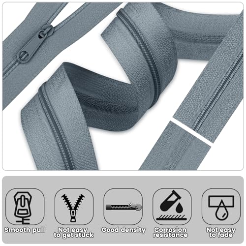 DOITEM 12 Yards Nylon Coil Zipper by The Yards, #3 Bulk Zippers for DIY Sewing Craft Bags with Replacement 25PCS Sliders (Grey, #3) - color: Grey, size: #3