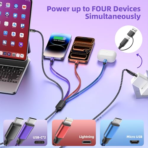 USB C/A Multi Charging Cable, 4 in 2 Charging Cords for Multiple Devices | 5FT Multi Charger Cable with 2 Type-C, IP and Micro USB Cable, Phone Charger Cord for iPhone 17-8, Android, iPad, Galaxy - color: Black_Gray