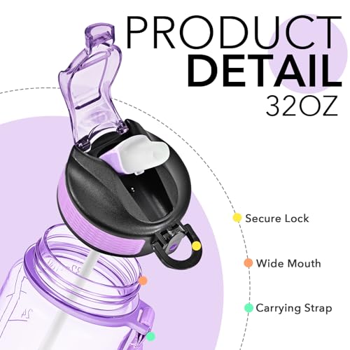 Hyeta Water Bottle with Straw & Time Marker, Plastic 32oz Leakproof - color: Clear Wisteria