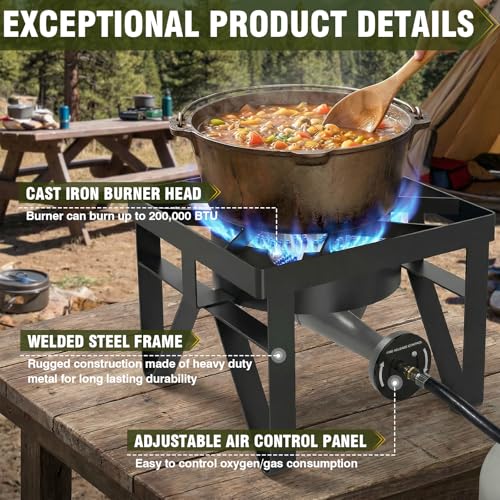 BESTFIRE 200,000 BTU Heavy-Duty Propane Burner – Outdoor Stove with 0-20Psi Adjustable Regulator & Black Hose – Ideal for Home Brewing, Turkey Frying, Camping & Backyard Cooking - style: Heavy-Duty Single