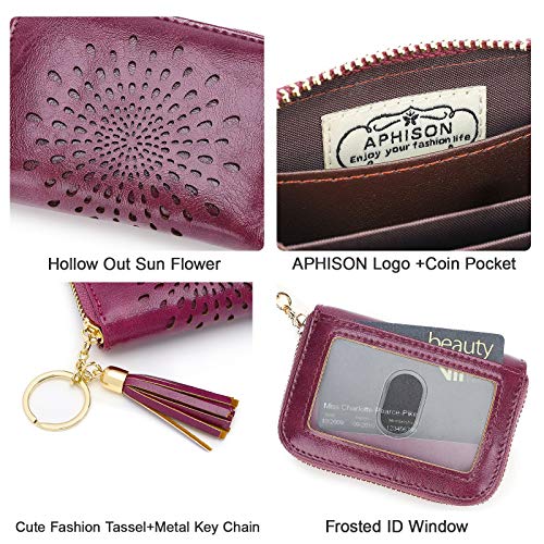 APHISON RFID Credit Card Holder Zipper Card Case Keychain Small Wallet for Women 1927 PURPLISH-RED - color: 0-PURPLISH-RED(single zip)