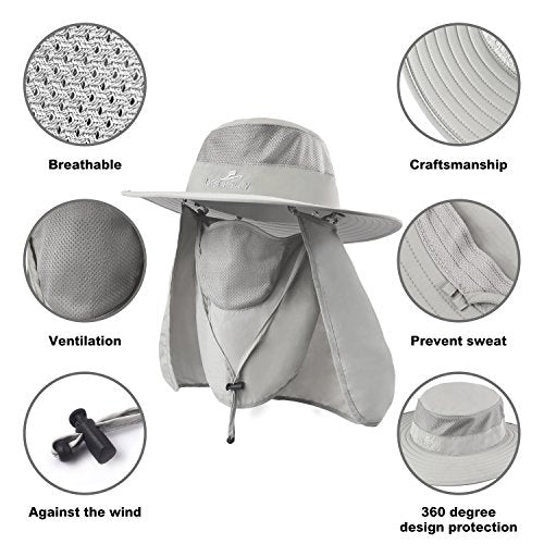 Fishing Hat,Sun Cap with UPF 50+ Sun Protection and Neck Flap,for Man and Women - color: Light Grey