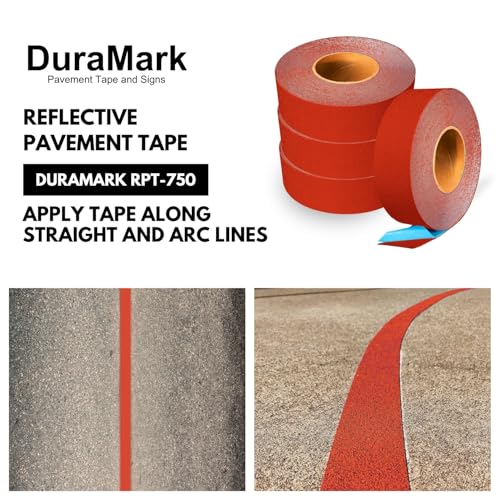 DuraMark RPT-750 Reflective Pavement Marking Tape, Red, 2 in x 36 ft Roll | Permanent rubber base bonds to asphalt and concrete; glass-bead reflectivity improves low-light visibility. - color: Red, size: 2 Inch x 36 Ft