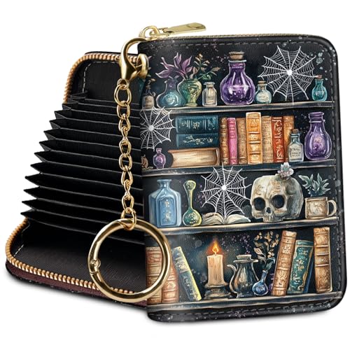 Yonlevres Credit Card Holder RFID Small Wallet Women Keychain Zipper - color: 0 Goth Bookshelf