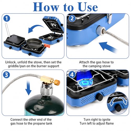 Hisencn 2 Burner Propane Camping Stove, 30000 BTU Foldable Portable Gas Stove with Cookware Set & Carry Bag, Outdoor Cooking for Camping, RV, Emergency Use, Blue - color: navy blue