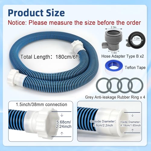 2 Pack 1.5" 6 Ft EVA Pool Hoses with Hose Adapter Type B 1.25" to 1.5" Conversion for Above Ground Pools 1 1/2 Professional Pump Hoses Heavy Duty Filter Connect Hose for Saltwater System (Blue) - color: Blue-black