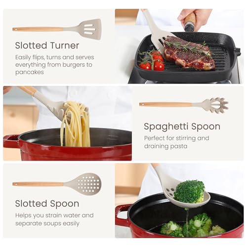 NCUE 26-Piece Food Grade Silicone Kitchen Utensils Set with Wooden Handles - color: Khaki-B, size: 26 Piece