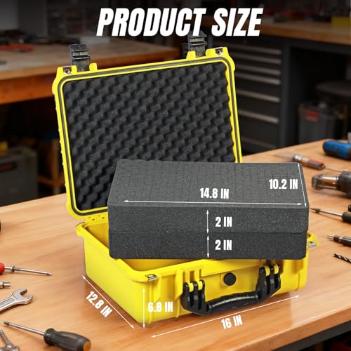 Jack Boss Waterproof Hard Camera Case with Pre-cut Foam,Yellow | Portable Protective Hard Shell Case With Updated Plastic Material,Fit Drones,Camera,Equipments,16x12.8x6.8 Inch - color: YELLOW, size: 16x12.8x6.8 in