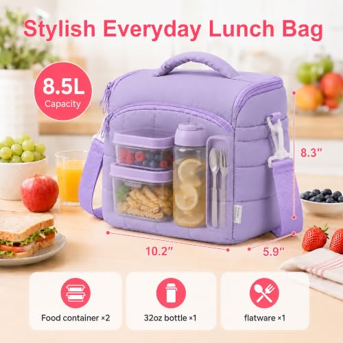 Insulated Lunch Bag for Women, Quilted Leakproof Lunch Tote with Shoulder Strap, Wide Opening Reusable Cooler Bag for Work, Office, Picnic & Travel (Lavender) - color: Lavender