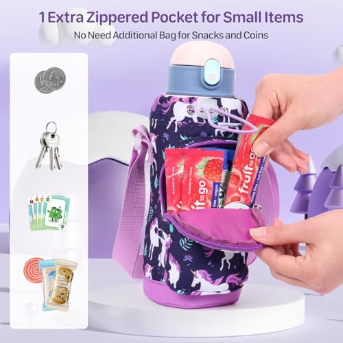 Water Bottle Holder for Kids - Water Bottle Carrier with Strap - color: 1-Purple Unicorn