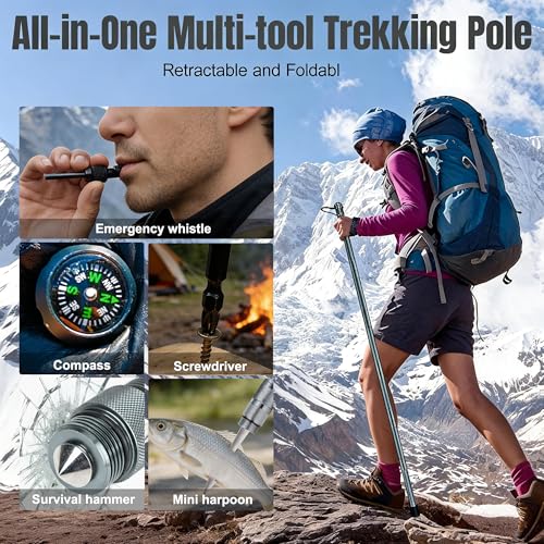 Survival Walking Stick with Camp Shovel, Heavy-Duty Hiking Staff Camping Kit - color: silvery