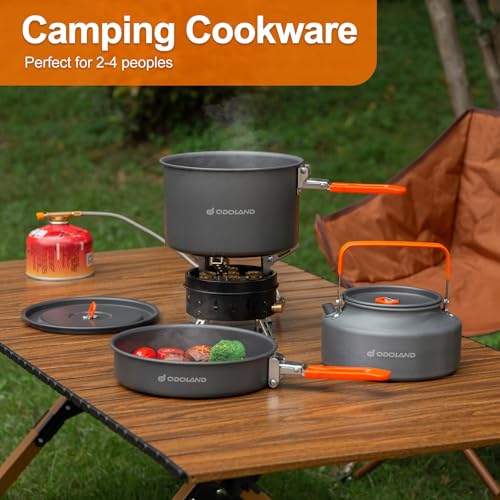 Odoland Camping Cookware Mess Kit, Camping Cooking Pot Fry Pan and 1.1L Kettle Set, Portable Camping Cookware Set with Mesh Bag for Camping, Backpacking, Outdoor Cooking and Picnic - size: 1.9L Pot + 0.86L Fry Pan + 1.1L Kettle
