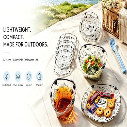 Collapsible Camping Tableware Set - 6 Pack Foldable Cups, Bowls & Plates Combo with Utensils, Lightweight, Portable, Easy to Clean & Heat Resistant for Picnic, Hiking, Travel, RV