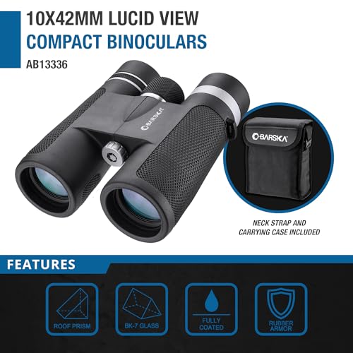 Barska Lucid View Compact Binoculars - Roof Prisms, Fully Coated Optics, Center Focus, Rubber Armor Grip – Lightweight for Hiking, Bird Watching, Travel - size: 10x42