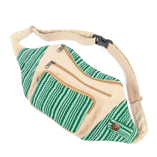 Freakmandu Eco-Friendly Boho Hippie Style Hemp Fanny Pack White Hip Waist Bag for Hiking Running Jogging - color: Green Stripe